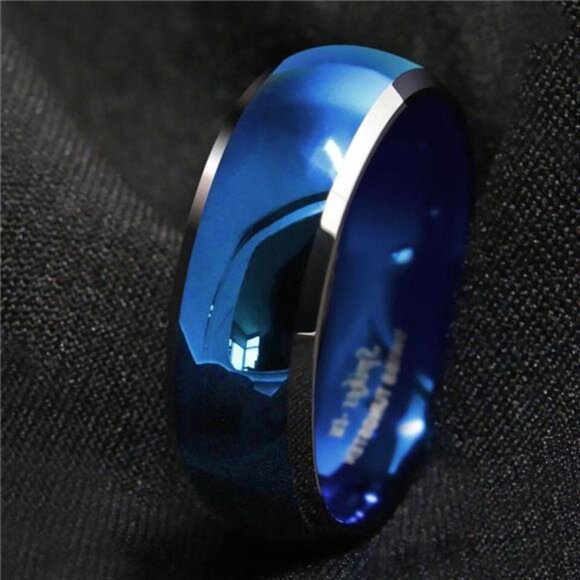Men's Blue Domed Wedding Band with Beveled Silver Edges - Men's Wedding Rings - Picture 6 of 8